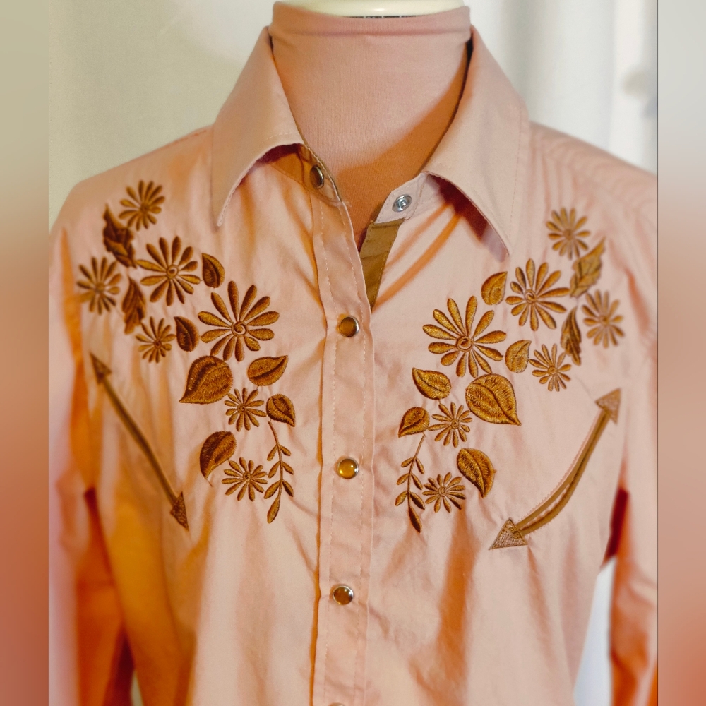 Y2K Ace of Diamonds pearl snap Western Shirt  terra cotta Embroidery yokes  SM